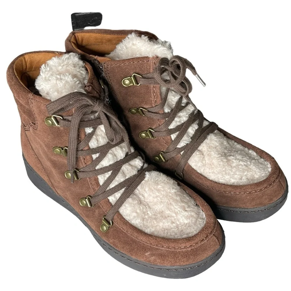 Zodiac Pierson Brown Suede Wedge Ankle Boots Faux Fur Lined | Women’s 9